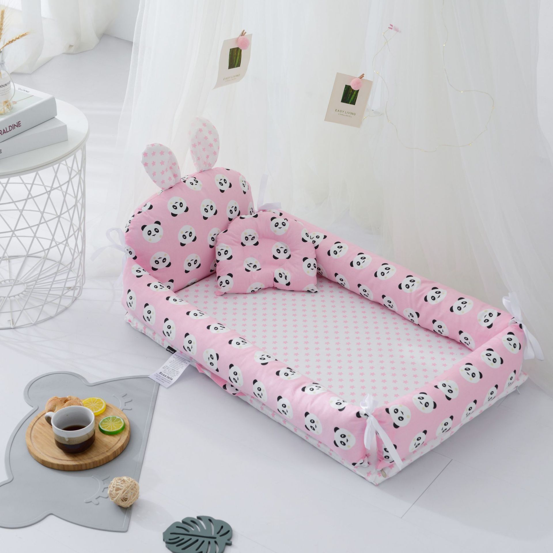 Babynest säng spjälsäng bärbar avtagbar ventilerande och tvättbar spjälsäng resesäng för barn spädbarn bomullsvagga: Panda rosa