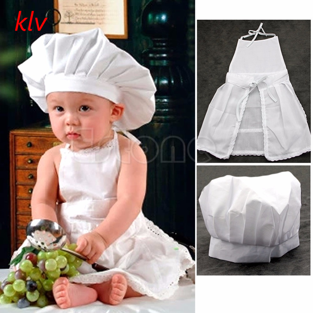 KLV mignon blanc cuisinier Costume Photos photographie accessoire enfant chapeau tablier garçons Chef Restaurant serveuse uniformes
