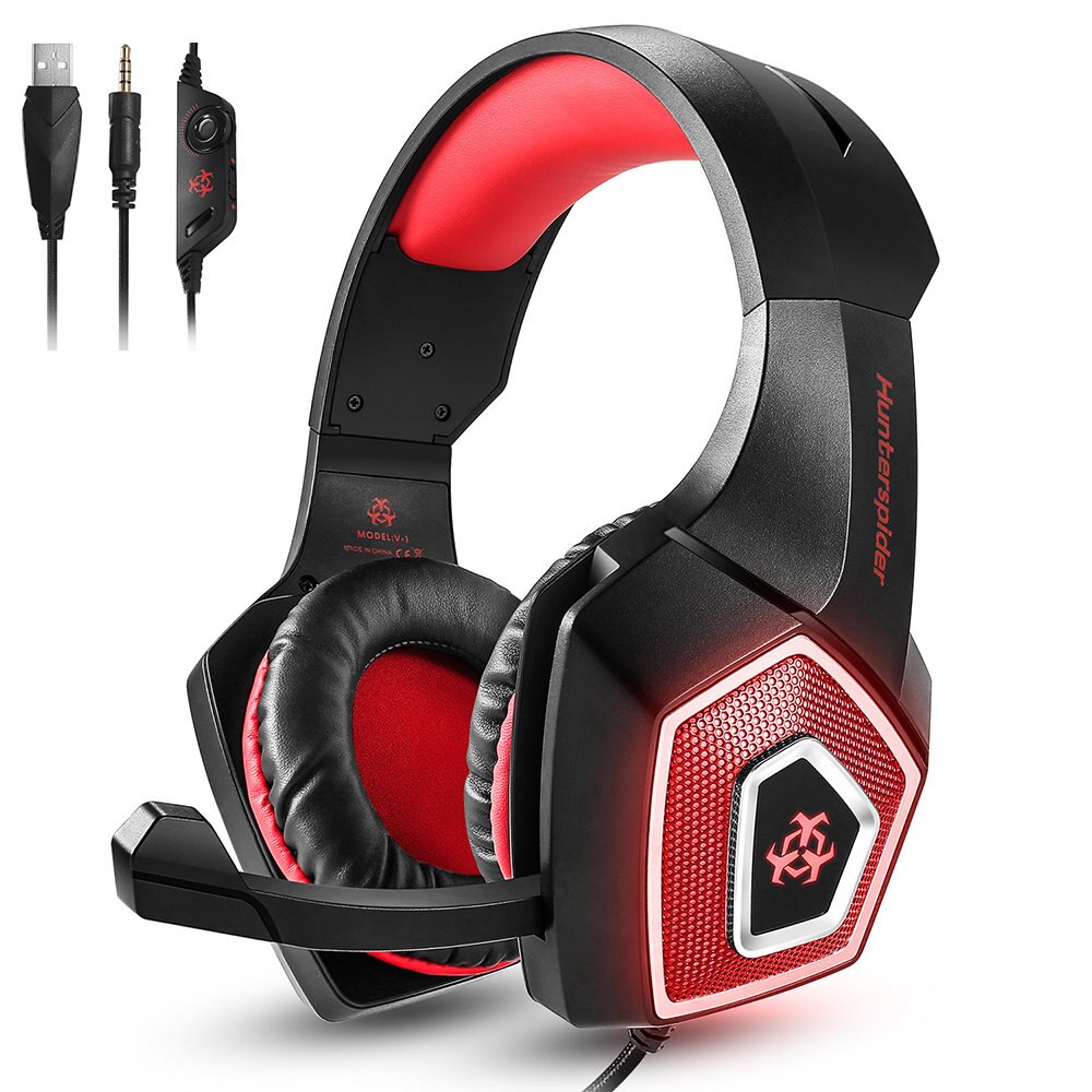 Hunterspider V1 Gaming Headset hoofdtelefoon wired controle met Microfoon LED Licht Casque Gamer Headset voor PC PS4 Xbox een: Rood