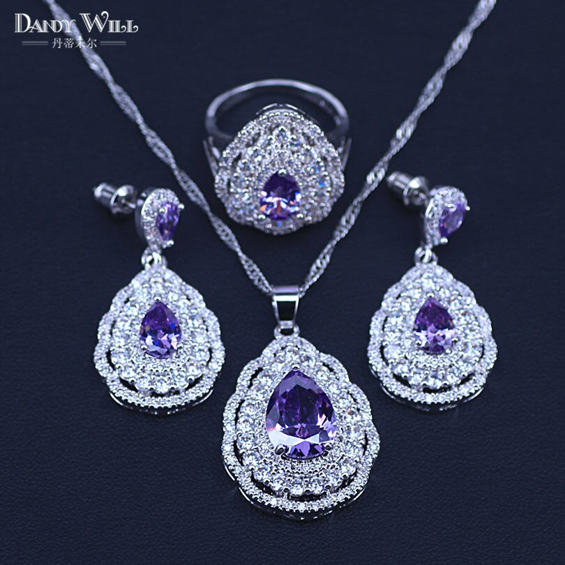 3- delige zilverkleurige kostuumsieradenset met groene zirkonia, oorbellen, ketting en ring voor dames  t73: Paars / 10