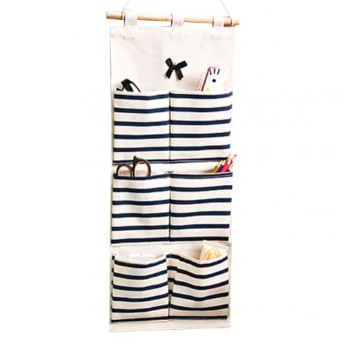 6/8 Pockets Stripe Closet Wall Hanging Organizer Cotton Linen Wardrobe Hanging Storage Bag Cosmetic Sundries Jewelry Storage: Blue 6 Pockets
