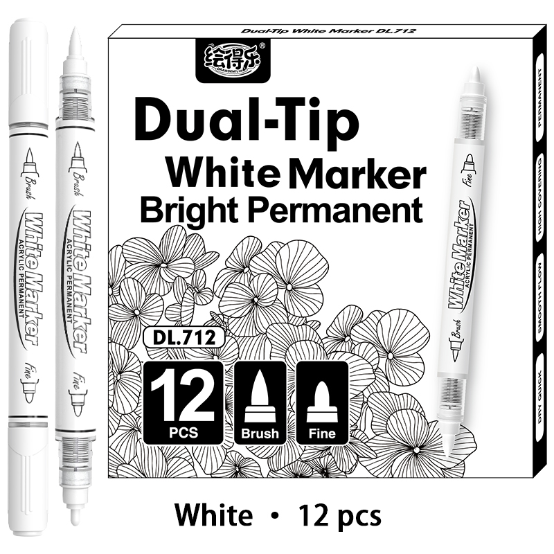 12 marcadores de pintura acrílica de doble cabezal, marcadores de pintura con punta de pincel blanco y negro para pintura en roca, piedra, bricolaje, fabricación de tarjetas, suministros de arte: Blanco