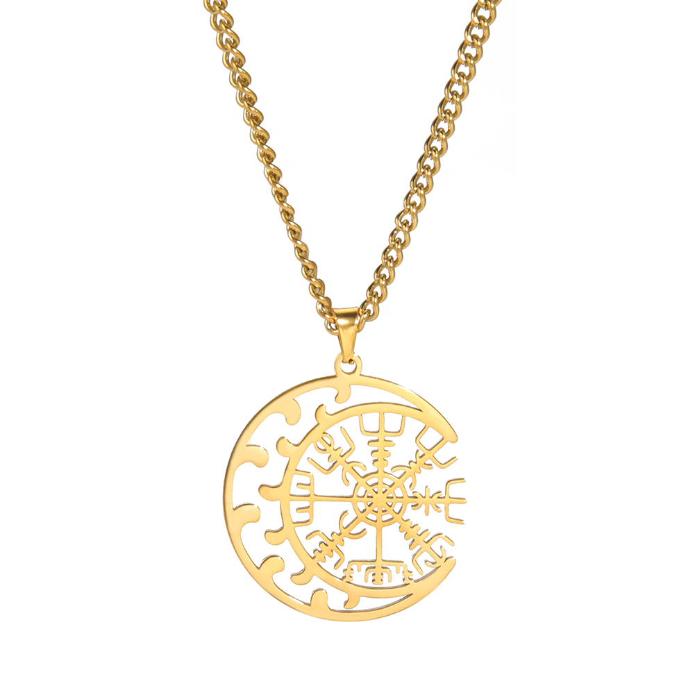 Collares de brújula vikinga de acero inoxidable para hombres, amuleto de runas nórdicas, colgante de Vegvisir, joyería de Luna Supernatural: Color dorado