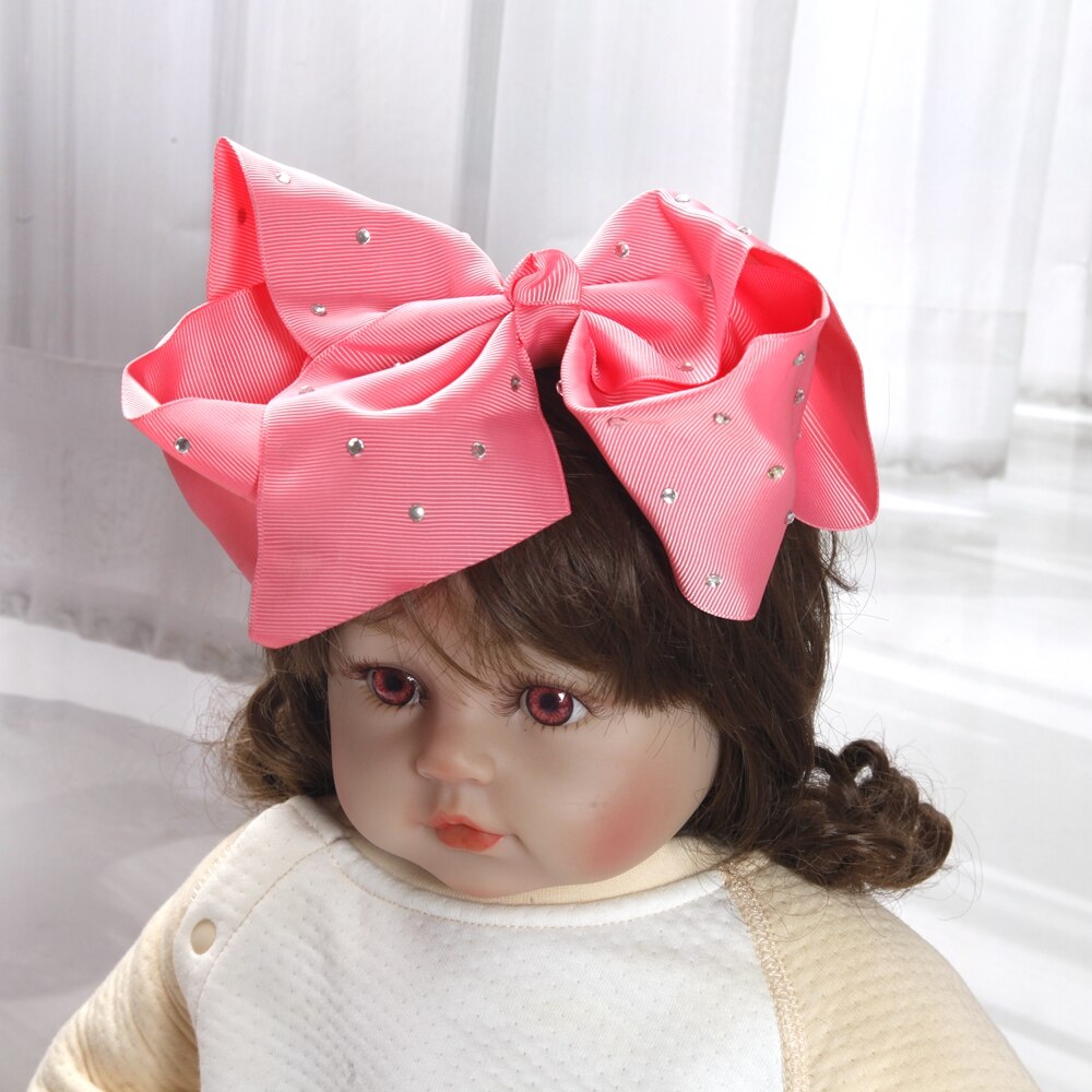 8inch large bows hair clips for Baby Girls Kids Soft Bows Rhinestone Knot Hair Bands Baby Hair Accessories Children Headwear: Pink