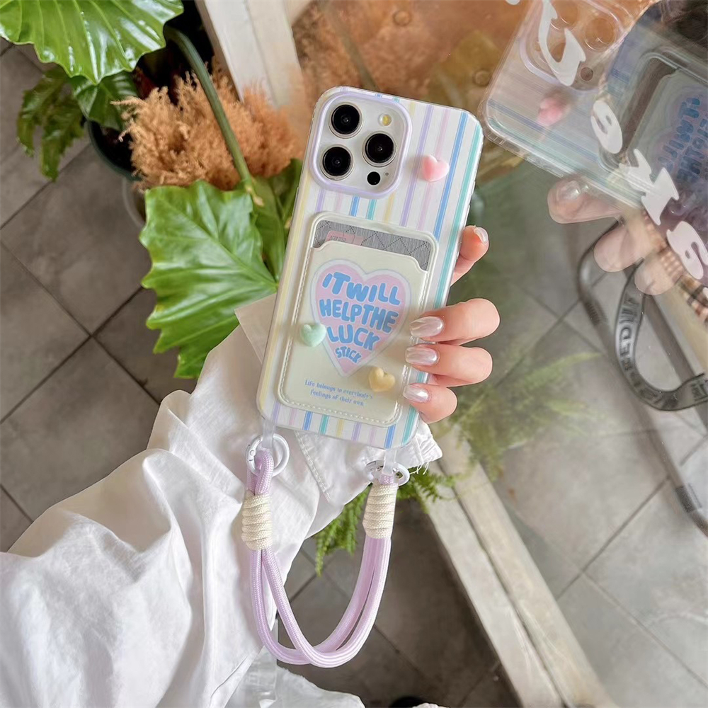 Coréen coloré 3D amour coeur carte sac lanière coque de téléphone pour iPhone 15 14 13 12 Pro Max 11 mignon Anti-chute portefeuille couverture Fundas: Bois