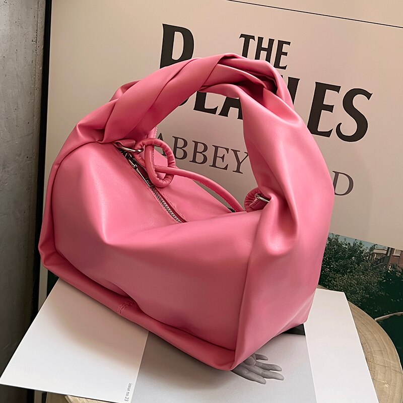 Korean Style Summer New Soft PU Leather Hobo Shoulder Bag Fashion Pleated Handle Handbag for Women Designer Crossbody Bag Female: Colore rosa