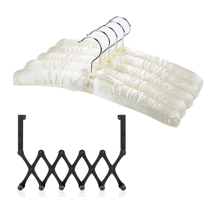 Crochet extensible au-dessus de la porte, porte-serviettes et 6 crochets avec cintres rembourrés en Satin pour robes de mariée: Default Title