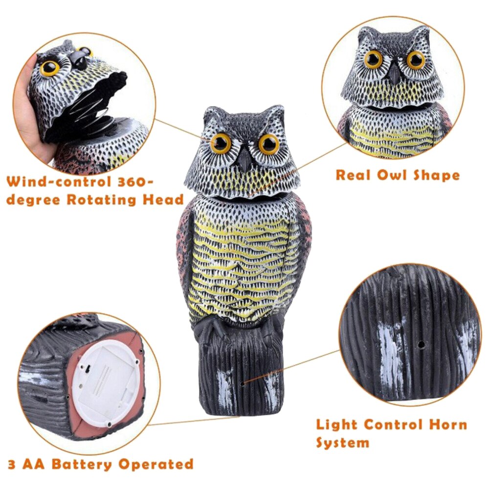 Realistic Bird Scarer Rotating Head Sound Owl Prowler Decoy Protection Repellent Pest Control Scarecrow Garden Yard Move Decor