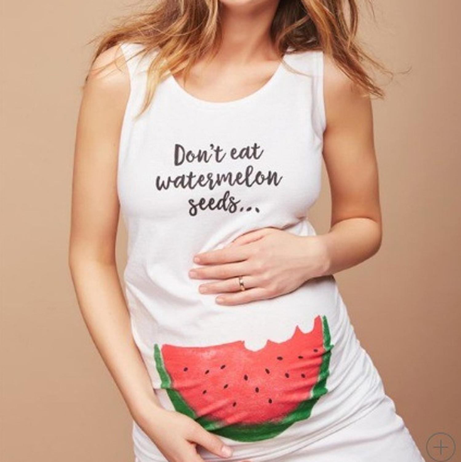 Mammakläder sommar gravida kvinnor väst o-ringad ärmlös rolig ät inte vattenmelon frön tryck t-shirt gravida kvinnor
