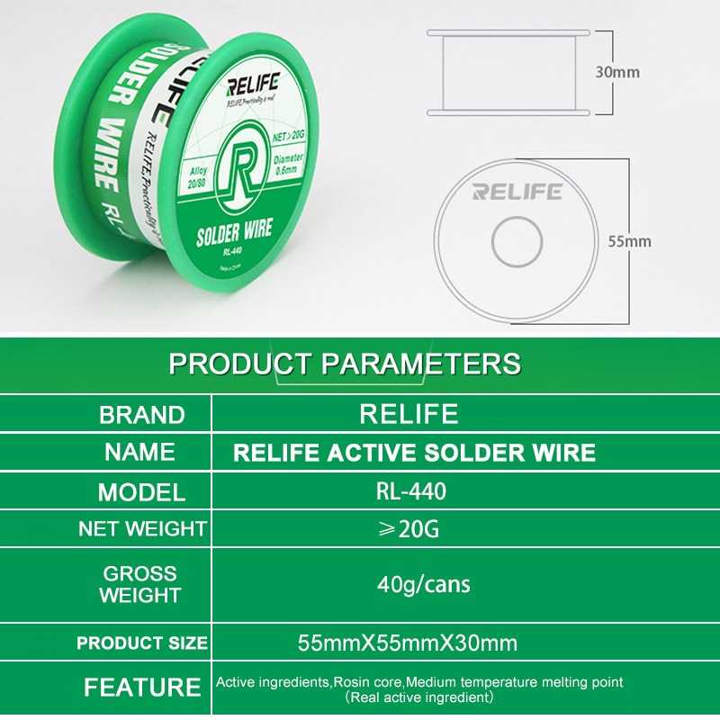 RELIFE Solder Wire 0.3/0.4/0.5/0.6mm Sn20/Pb80 Tin Wire 40g Melt Rosin Core Solder Soldering Wire Roll Reel Welding Line