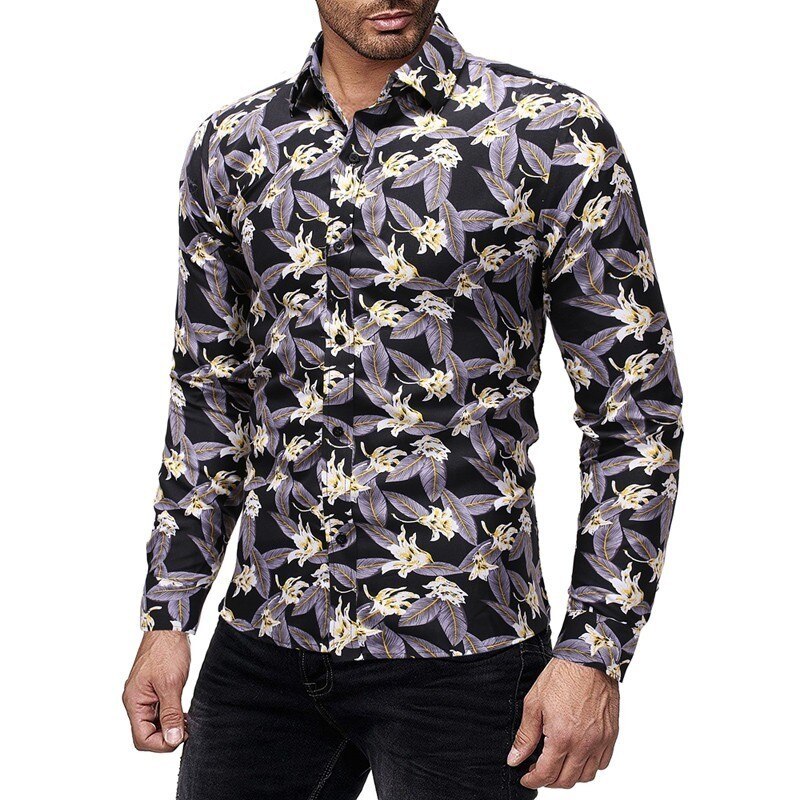 hommes automne casual imprimé chemise homme à manches longues Floral imprimé chemise Slim Fit fleur chemise hauts M-3XL: 1 / L