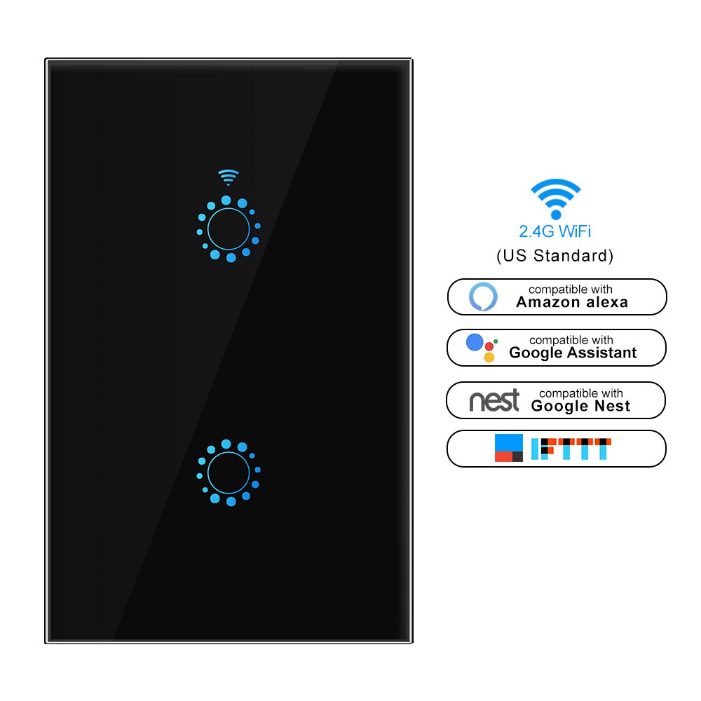 Smart switch Wifi Light Switch Glass Screen Touch Panel Voice Control Wall Switch work with Alexa Echo Google Home 1/2/3-Gang: us size black 2gang