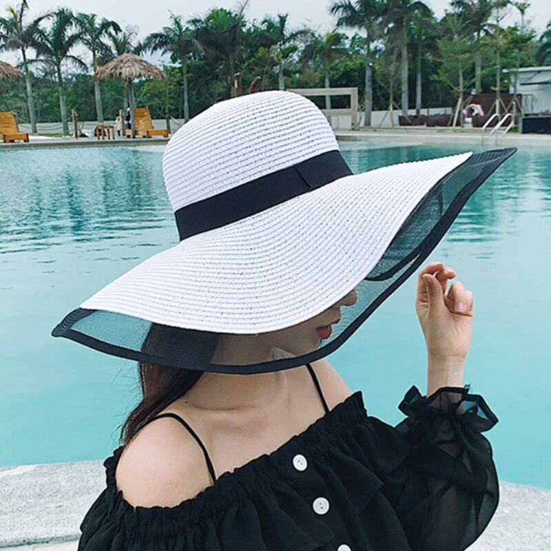 sol sombreros para las mujeres de ala ancha Floppy sombrero de paja de verano Bohemia playa tapa cinta sombrero negro