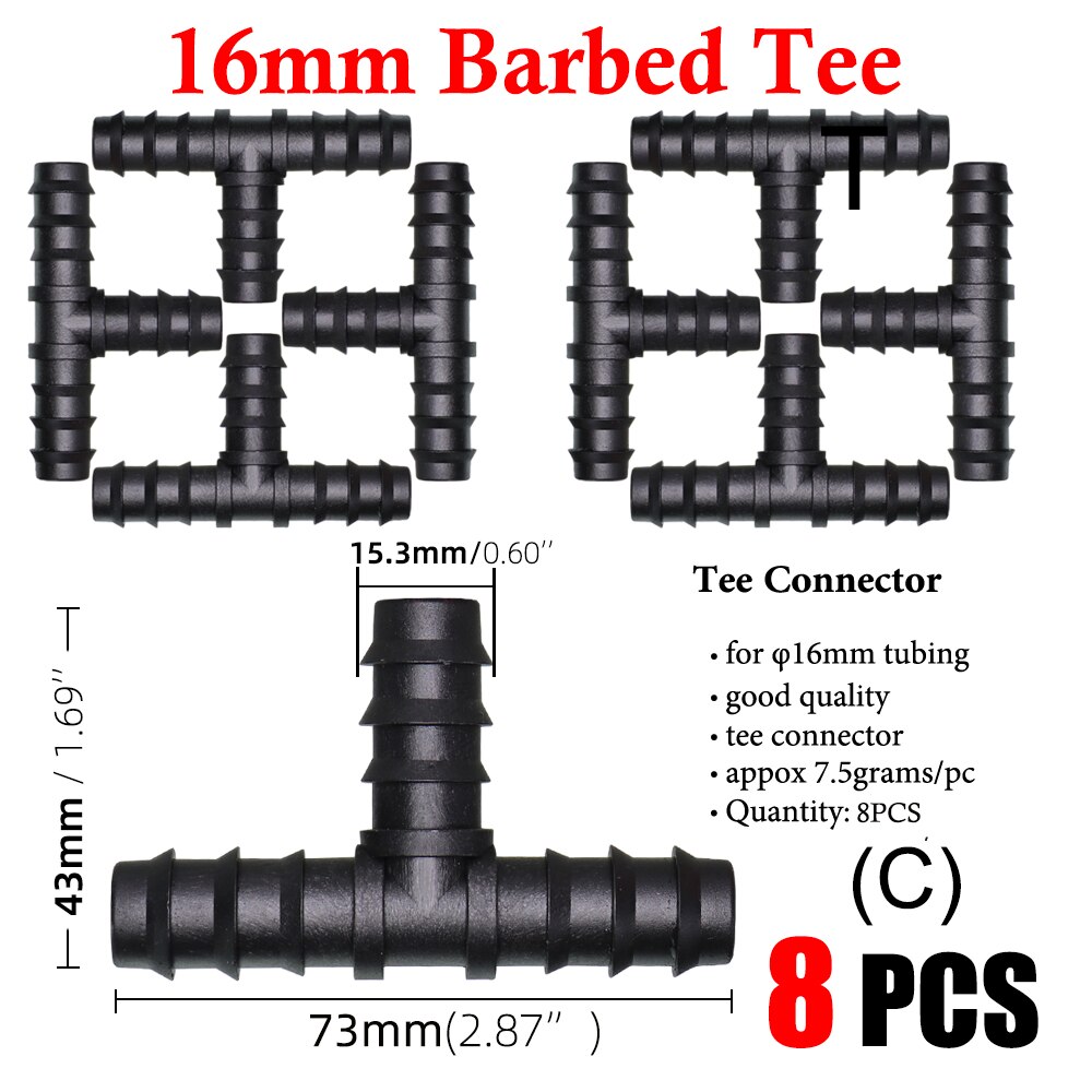 Garden Irrigation 16 20 25mm Tubing Barbed Connector Fitting Tee Elbow Couplings End Plug Shut Off Micro Drip Hose Adapter: CX8PCS