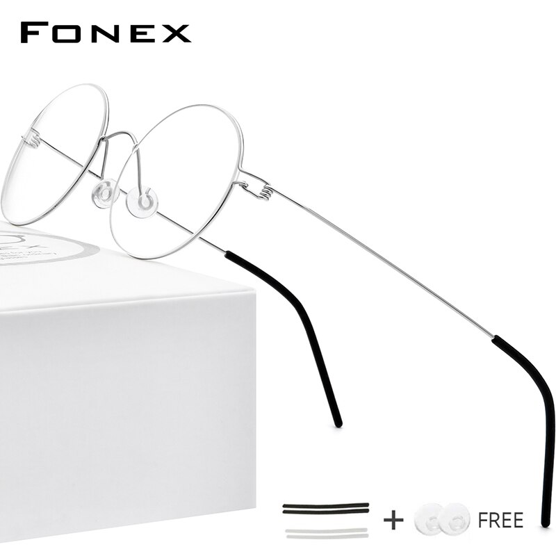 FONEX Screwless Eyewear Prescription Eyeglasses Frame Women Round Myopia Optical Denmark Korean Glasses Frame Men Titanium 98607: Silver