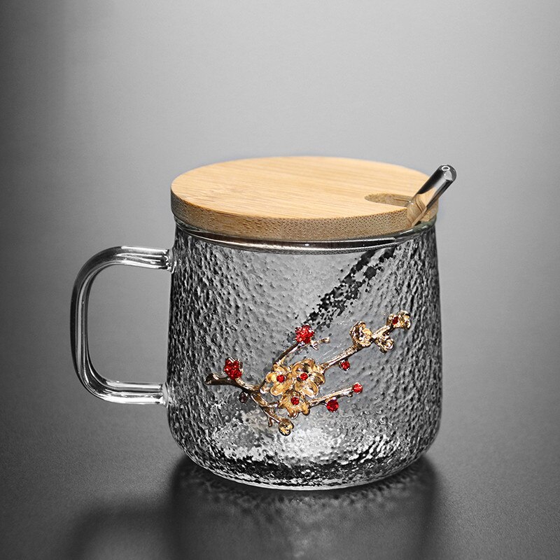 Heat Resistant Glass Coffee Mug with Lid and Spoon Office Silver Inlay Plum Blossom Teacup Transparent Hammer Pattern Milk Cup