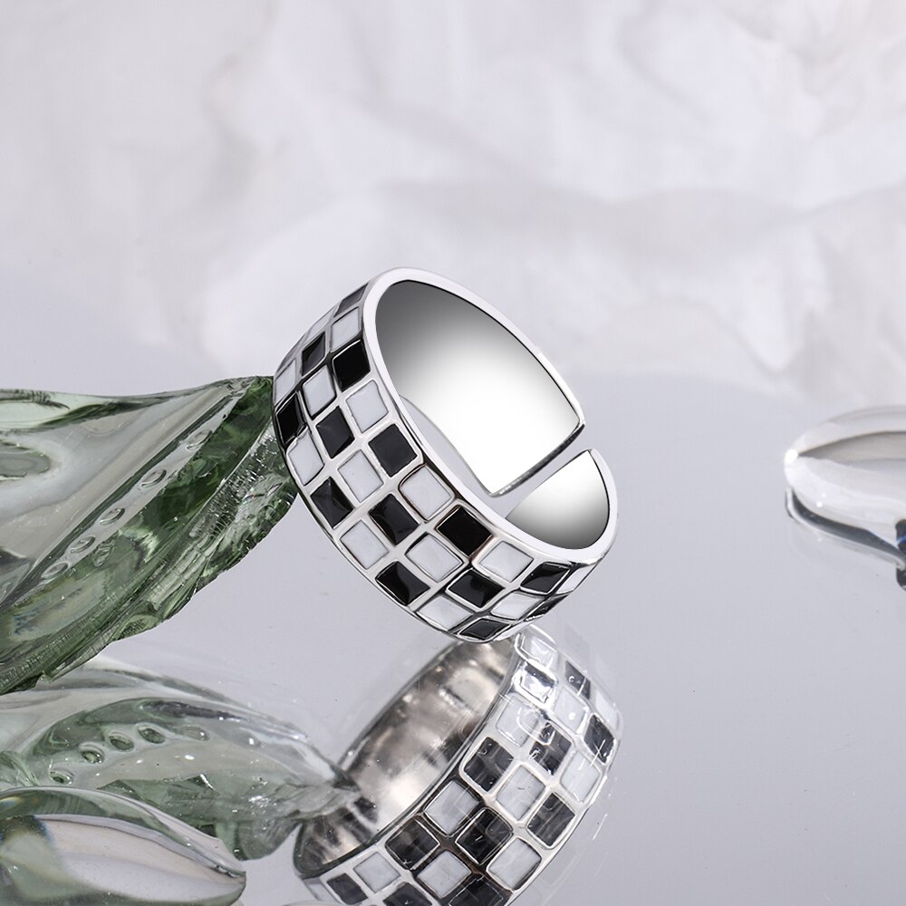 Nehzy S925 Stempel Zilver Vrouwen Mode-sieraden Dambord Eenvoudige Zwart-wit Plaid Open Ring