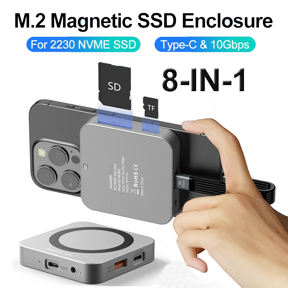 Magnetyczna obudowa 8-IN-1 2230 M.2 NVMe SSD 10 Gb/s Obudowa USB C 3.2 Gen2 do NVMe PCI-E 100 W Ładowarka do iPhone15 Pro MacBook