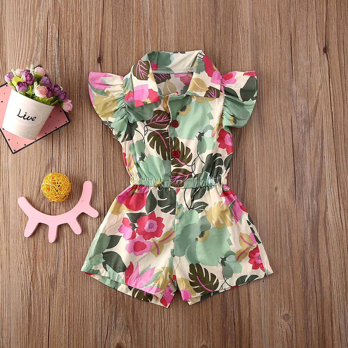Børn overall småbørn baby pige solsikke print flæse jumpsuit playsuit kortærmet sommer stretch v-hals: Grøn / 5