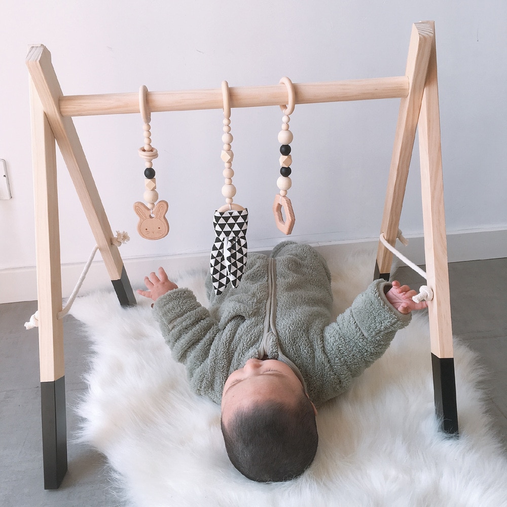 Ins nordic swooden baby play gym børn fitness rack børneværelse dekoration legetøj med vedhæng spædbarn tøj ramme aktivitet