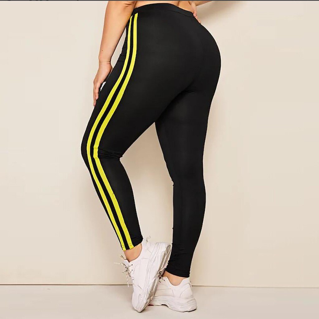 Kvinders ensfarvet stor størrelse stribet elastisk sport løb yogabukser fitness leggings sportsbukser sлеггинсы # gh