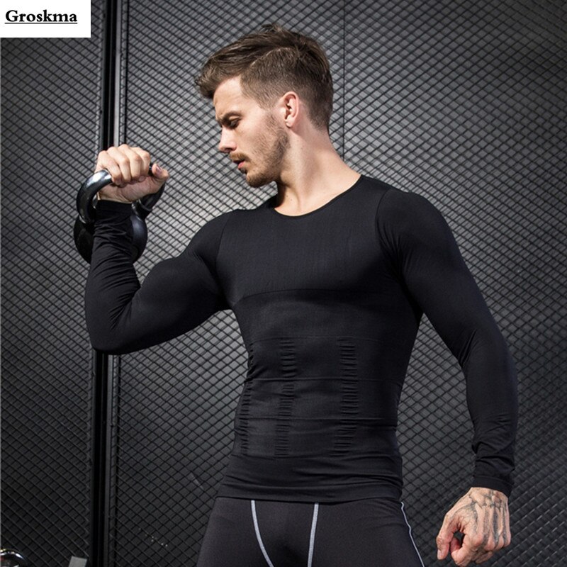 seamless long sleeve men body shaper t shirt sports training tights mens fitness gym tops clothing tee shirt homme