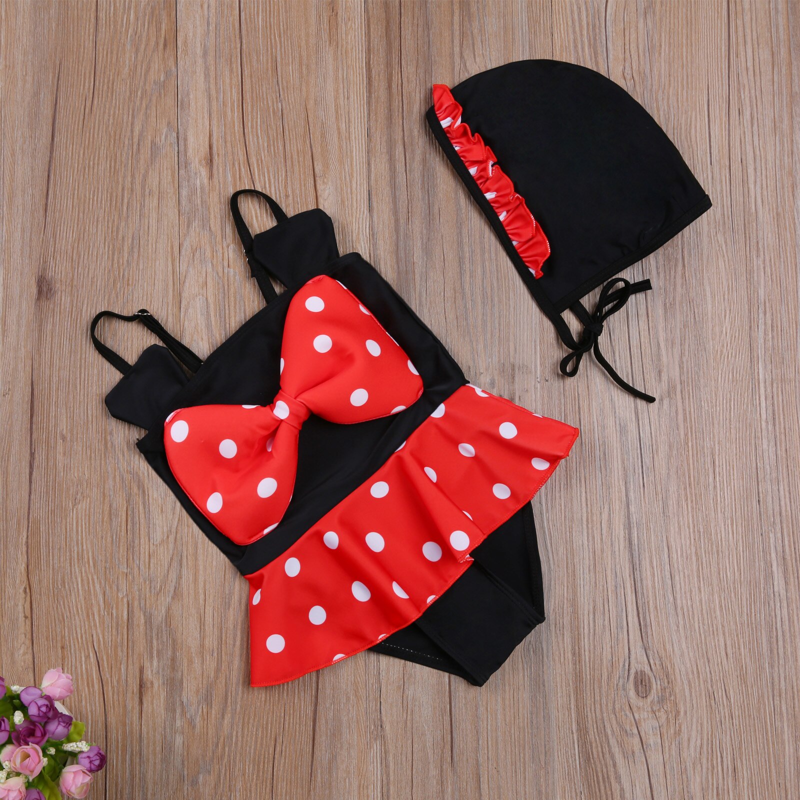 Baby Girls Cap Red Polka Cute Dot Rash Guard Swimwear Suit One-Piece Bowknot Swimsuit Swimming