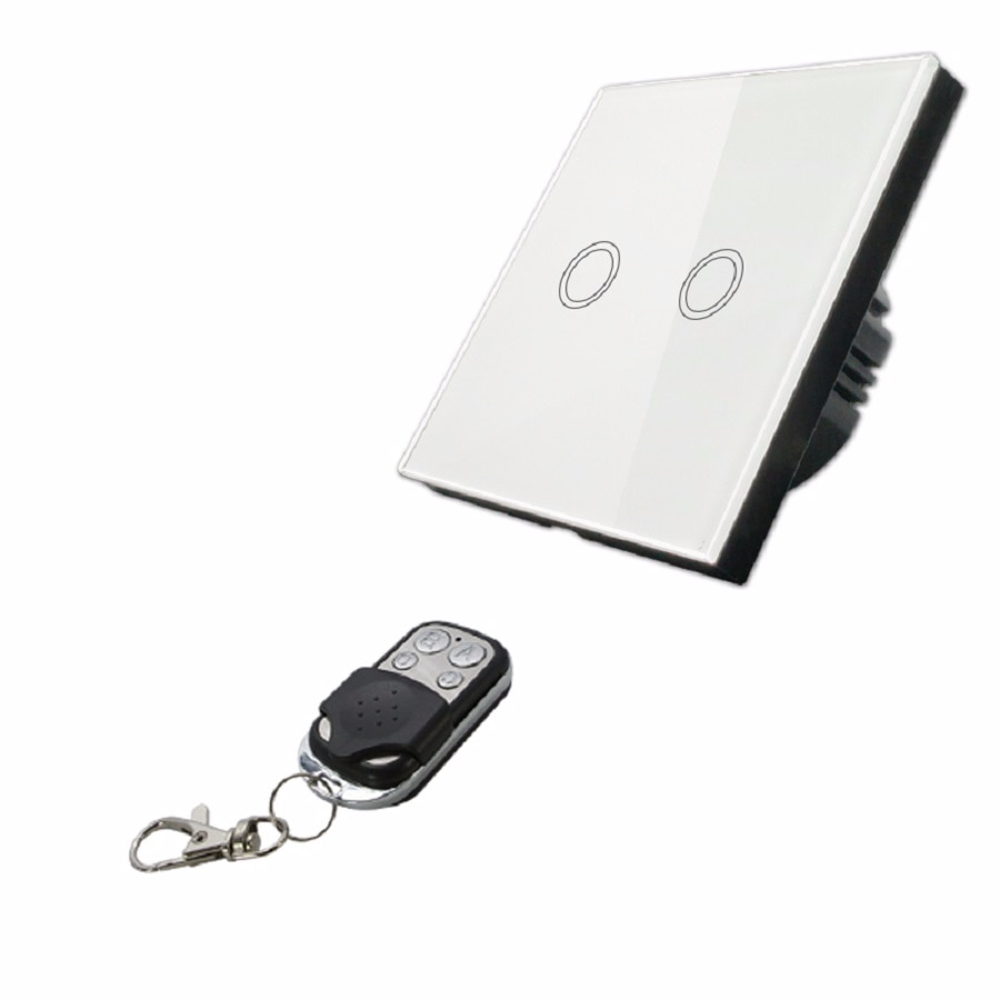 EU Standard VHOME Smart Touch Switch 2 Gang 1 Way,White Crystal Glass Switch Panel Sensor Switch with Wireless RF433Mhz Remote