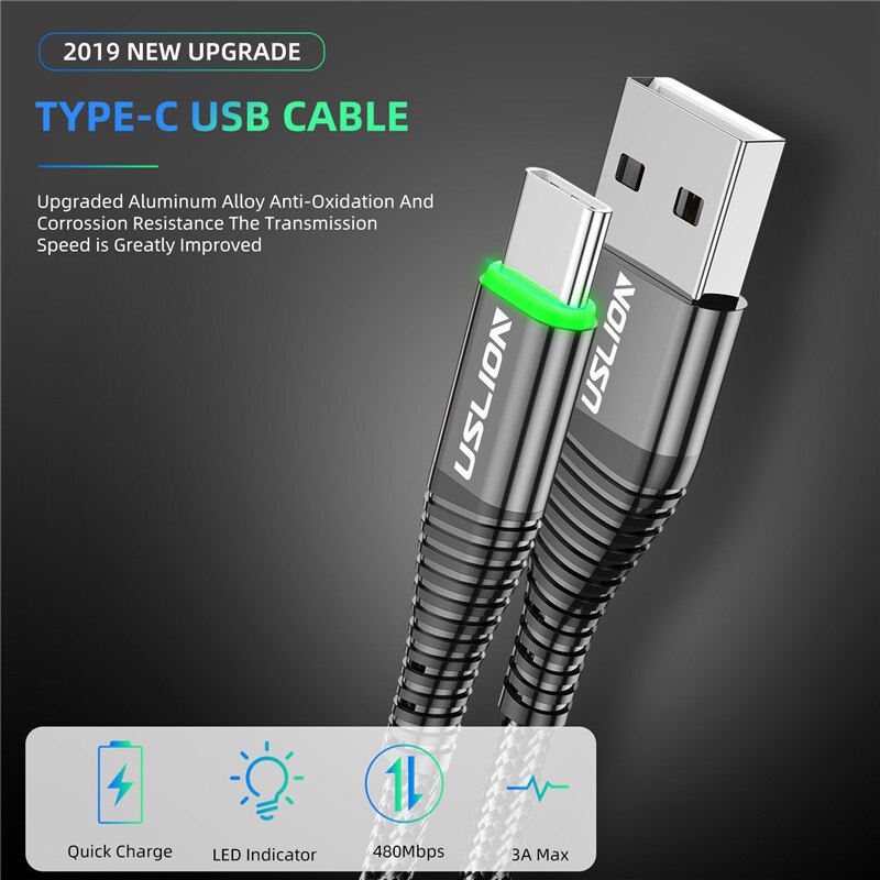 USLION USB Type C LED Fast Cable For Samsung S10 S9 Redmi note 8 pro Phone 3A Fast Charging USB-C Charger Wire Charger Data line