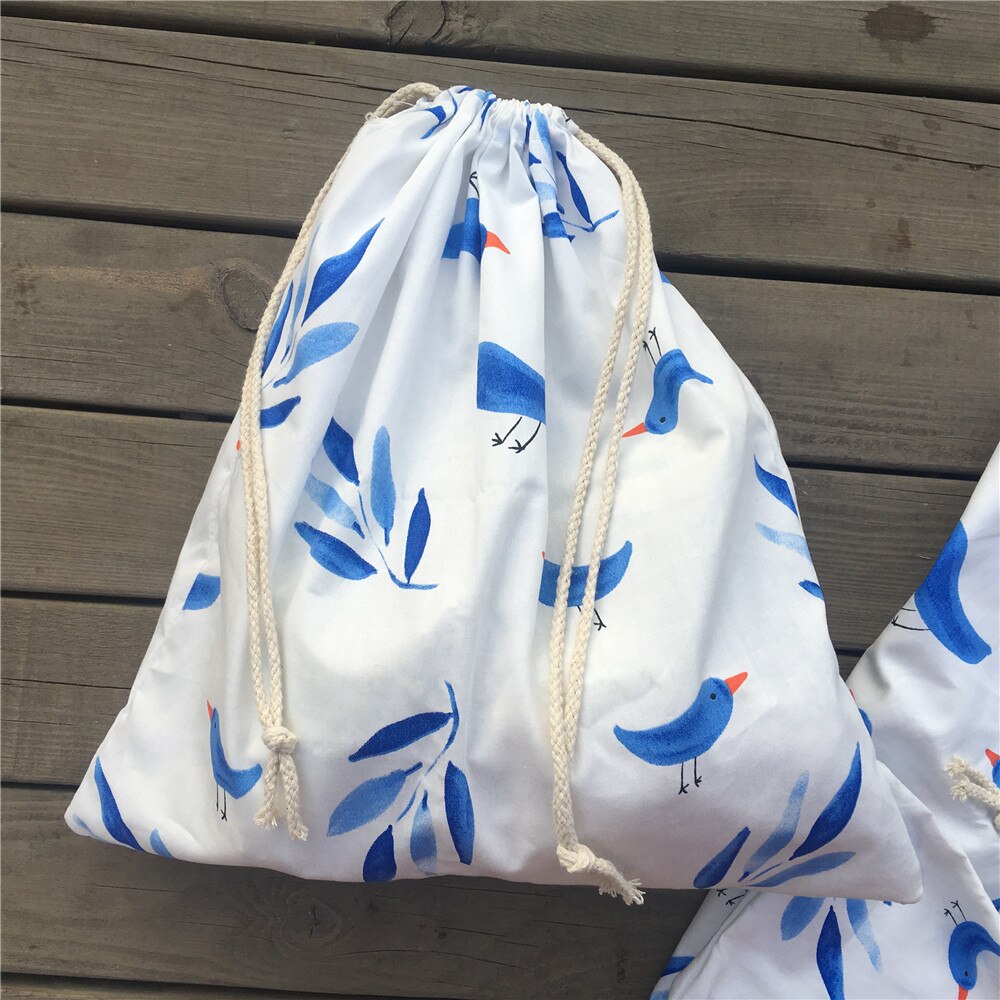 1pc Cotton Twill Drawstring Travel Organized Sorted Bag Party Bag Blue Leaf Bird YL9502