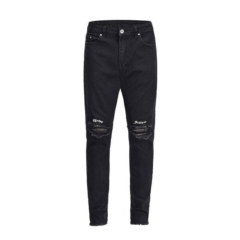 negro icono Hombres estilo ceñido rasgado Jeans Hiphop Bordado de letras agujero roto hombre Casual Jeans pantalones vaqueros