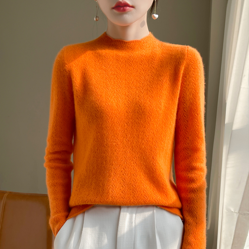 100%  damegenser i merinoull med halvhøy hals, ensfarget strikket hul genser til dame med lange ermer, sommertynn pullover: Xxl / Oransje