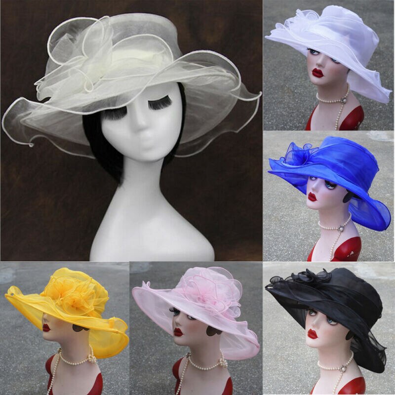 Zomer Vrouwen Mesh Zonnehoed Organza Floppy Wide Brim Kentucky Derby Elegante Brede Zonnehoed Beach Wear Voor Lady wummer