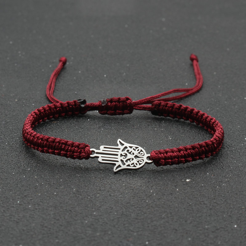 handgefertigt Geflochtene rot Gewinde Seil Armbinde Edelstahl Fatima Hand Charme Armbänder für Frauen Männer Paare Freundschaft Schmuck: rot Wein