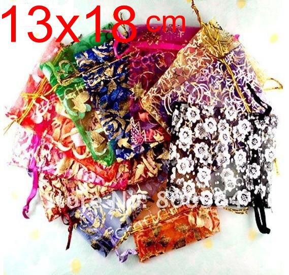 Omh atacado 10 peças de bolsas, 15 cores mistas, amor, coração, rosa, natal, casamento, organza, sacos de jóias, presente BZ08-21
