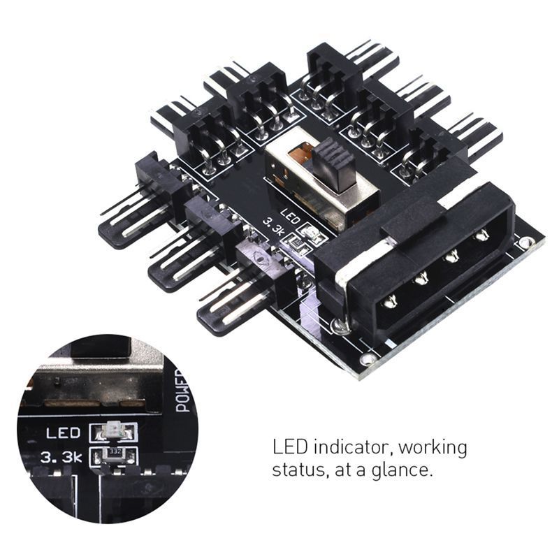 PC Fan Speed Controller 4pin IDE and SATA to 8 Way Cooling Fan Hub Splitter PCB Adpater 2 Level Fan Speed Switch Controller