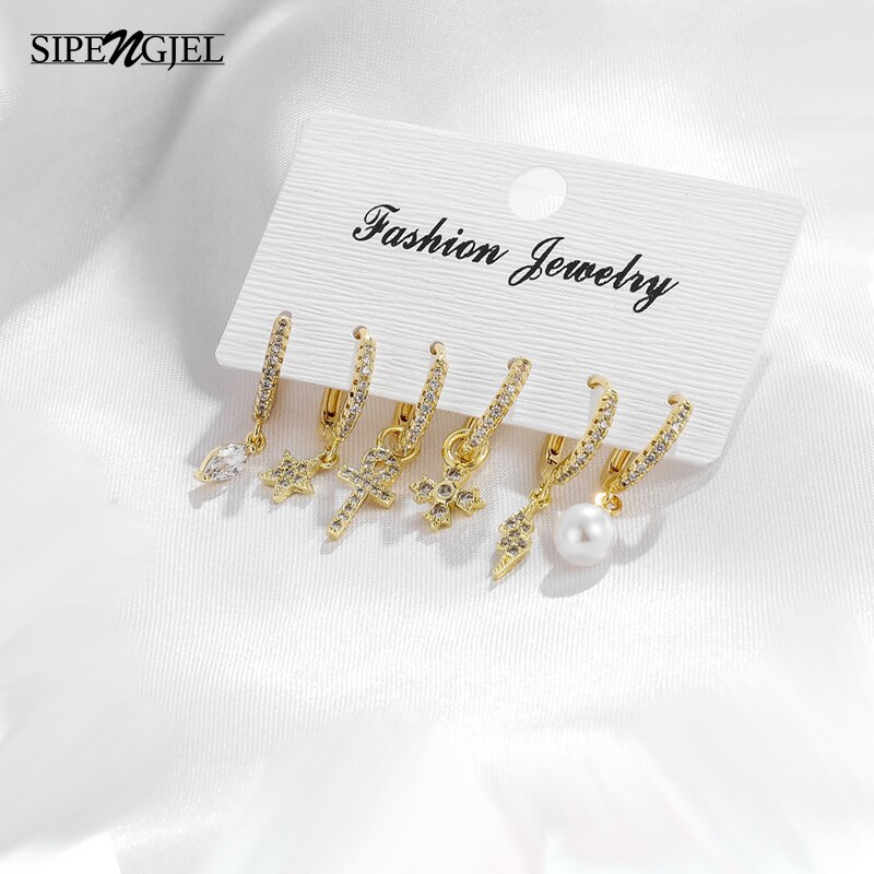 étoile croix foudre perle boucles d'oreilles ensemble de cristal petit cerceau boucles d'oreilles ensembles bijoux accesorio