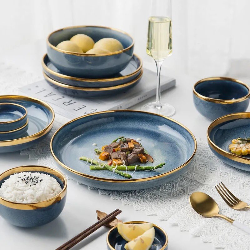 Ceramic Tableware Dishes Dinner Plates Steak Food Dessert Plate Blue Gradient Salad Soup Bowl Plates and Bowls