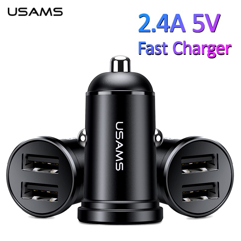 USAMS 24W USB cargador de coche para teléfono 2.4A rápido adaptador de cargador de teléfono móvil para iPhone 11 Pro Samsung Dual USB cargador de teléfono de coche