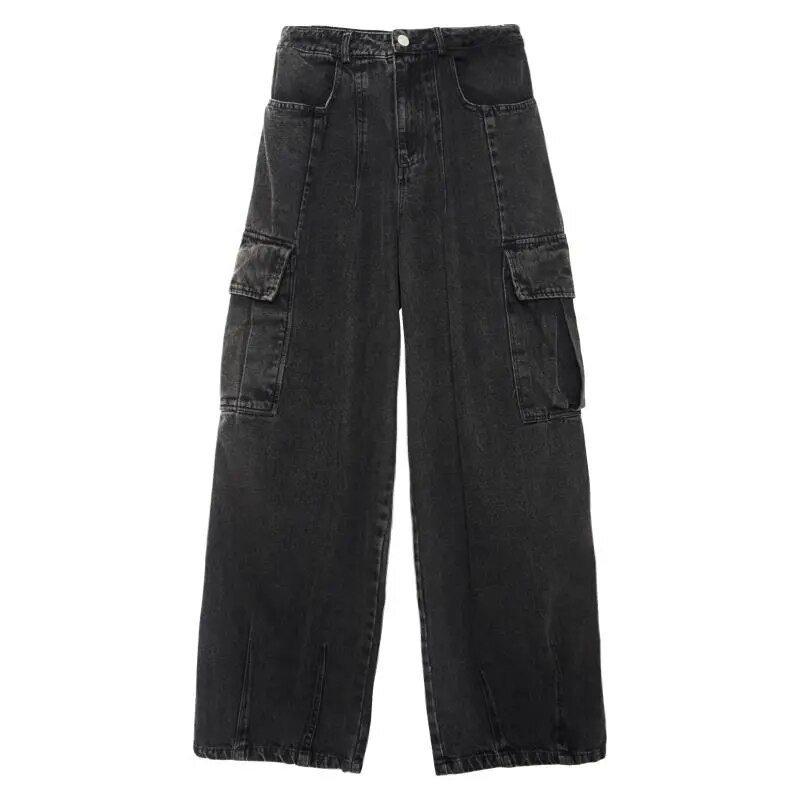 Streetwear Vintage Cargo Jeans Women Big Pocket Wide Leg Jeans Hip Hop Plus Size 80kg Denim Pants Man Blue Black Baggy Trousers