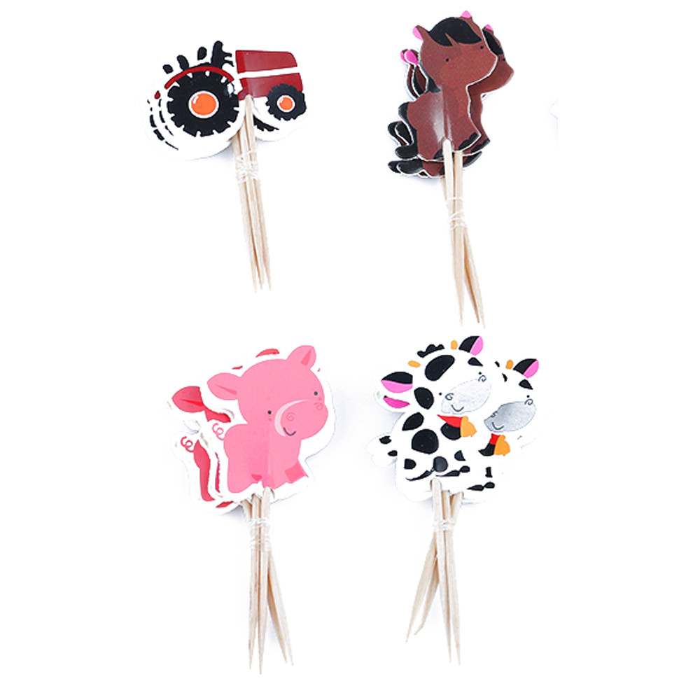 24PCS/pack Cartoon Farm Animal Party Theme Cupcake Toppers Mixed Styles Picks for Kids Birthday Party Favors DIY Cake Decor