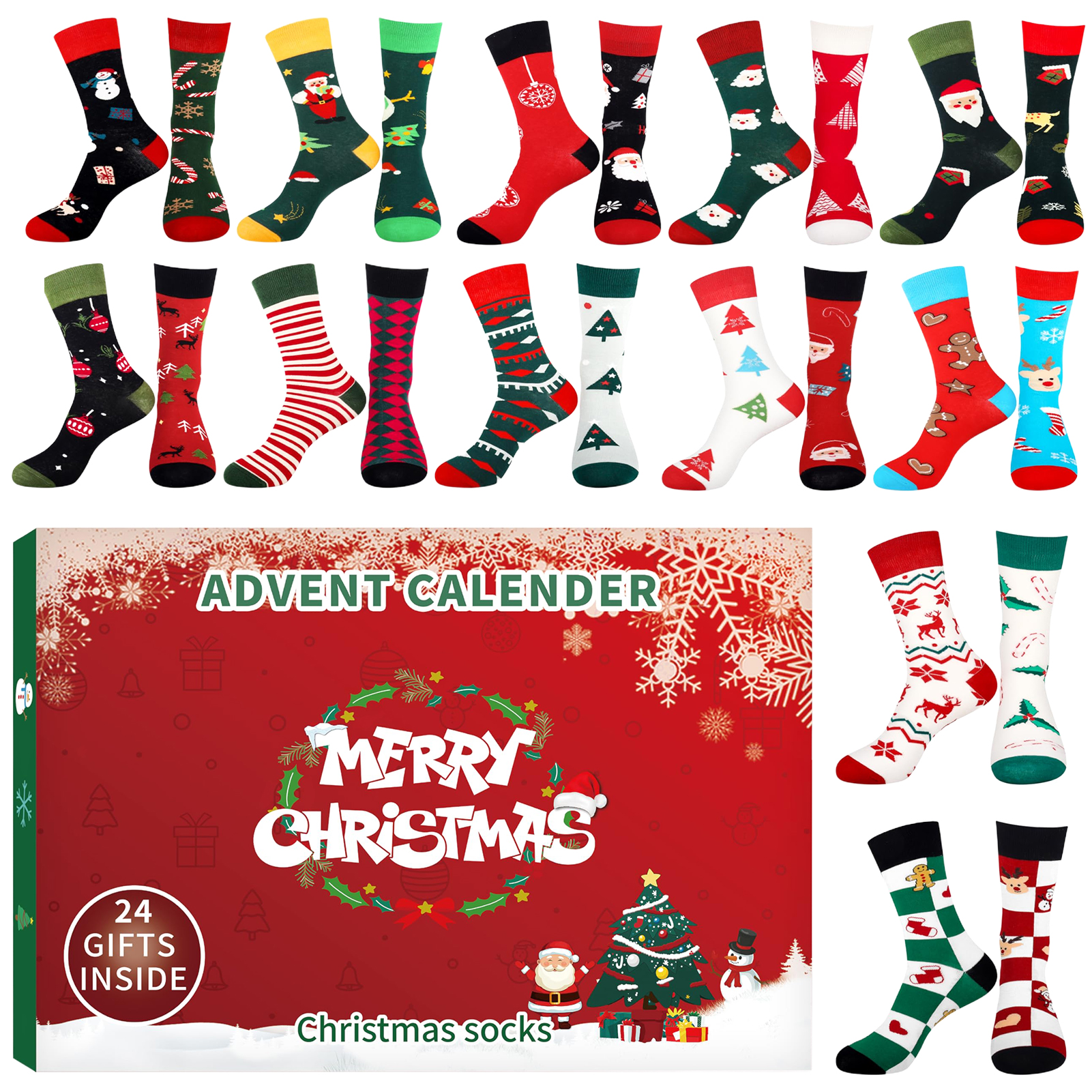 Weihnachtsstrumpf, Adventskalender, 24 Tage Countdown, 24 Tage Advent-Box-Socken, Weihnachtssocken für Jungen, Mädchen, Männer, Frauen: Default Title