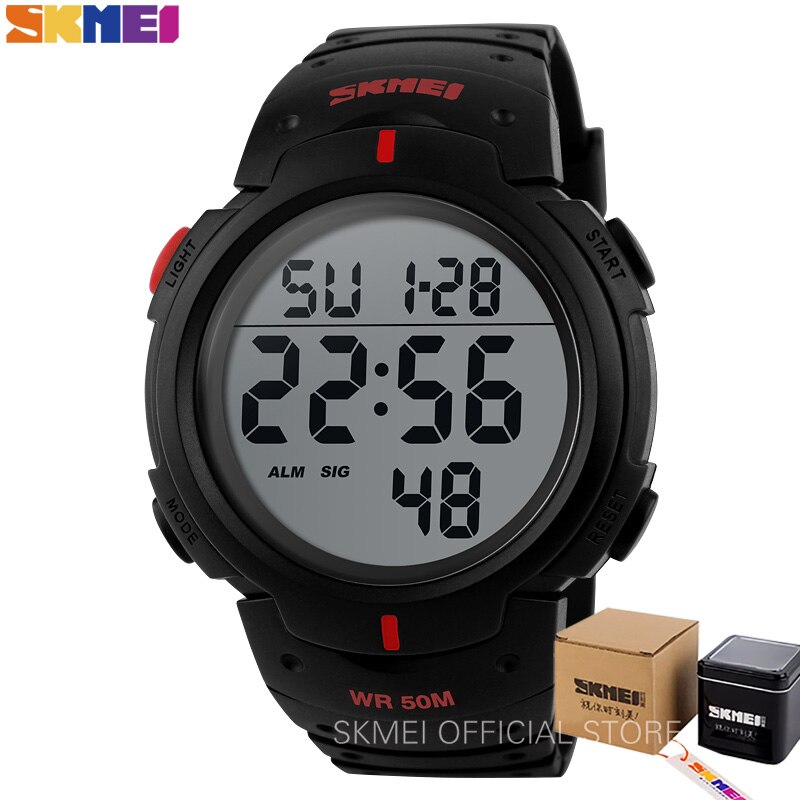 Skmei utendørs sportsklokke herre stor urskive enkle klokker kalender pu stropp 5 bar vanntett digital klokke reloj hombre 1068: Rød med boks