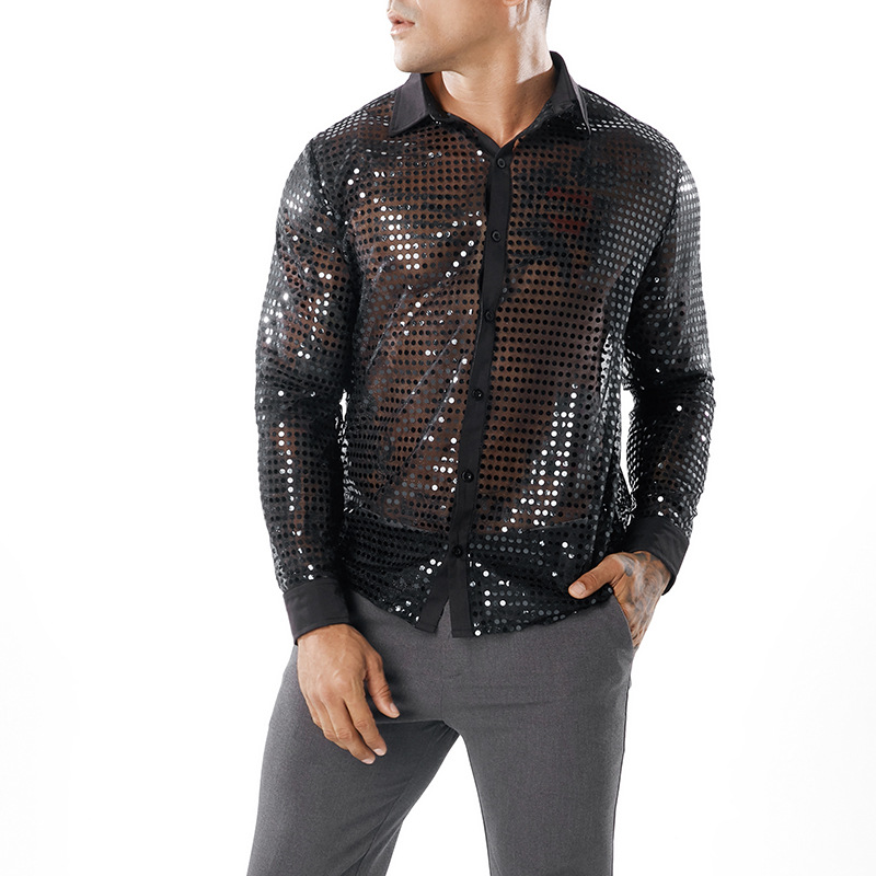 Discothèque sexy paillettes hommes chemise évider punk blouse décontractée chanteur scène costume homme or noir chemise à manches longues: Black / XL