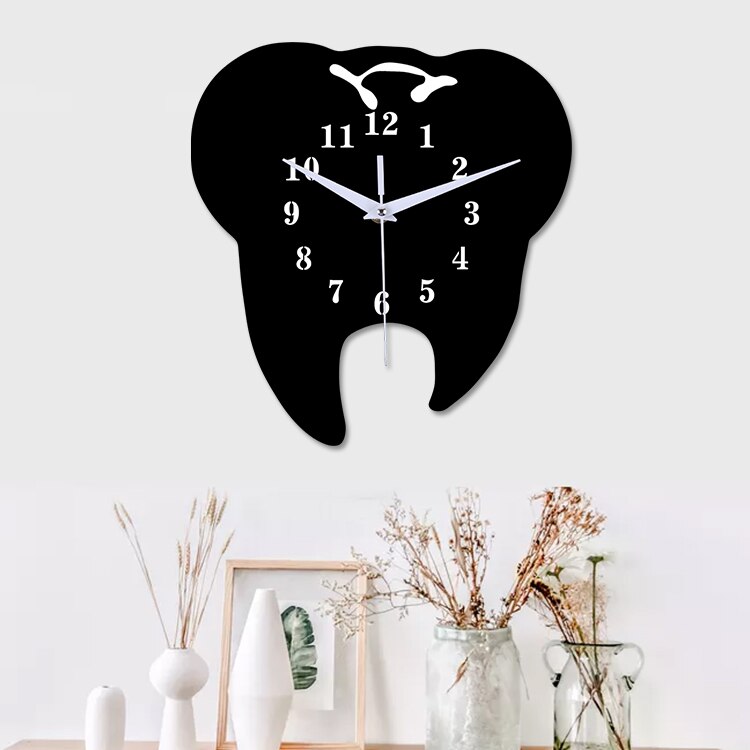 Timelike Tooth-Shaped Wall Clock Dental Ornament Wall Clock 3D Acrylic Mirror Wall Sticker Home Decor-Black