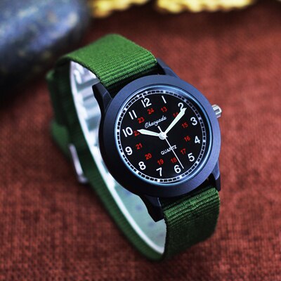 beroemde mannen jongens studenten canvas 24-uur afneembare riem quartz horloges kids sport montre enfant klokken: green-black