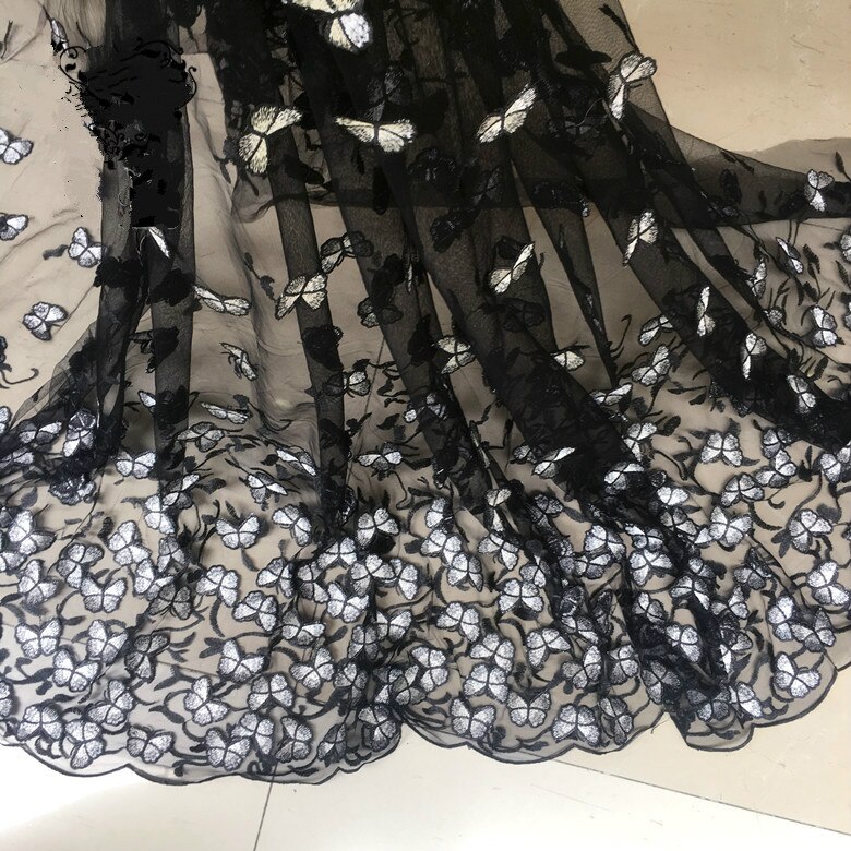 Black light purple blue butterfly Chiffon Fabric Cloth Wedding dress evening dress dress Clothing fabric Embroidered fabric