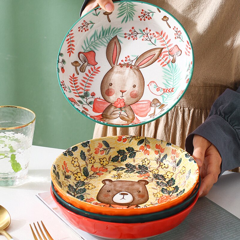 Platos de dibujos animados de 8 pulgadas para niños, platos bonitos para el hogar, vajilla de cerámica con personalidad creativa, plato profundo de disco rojo neto