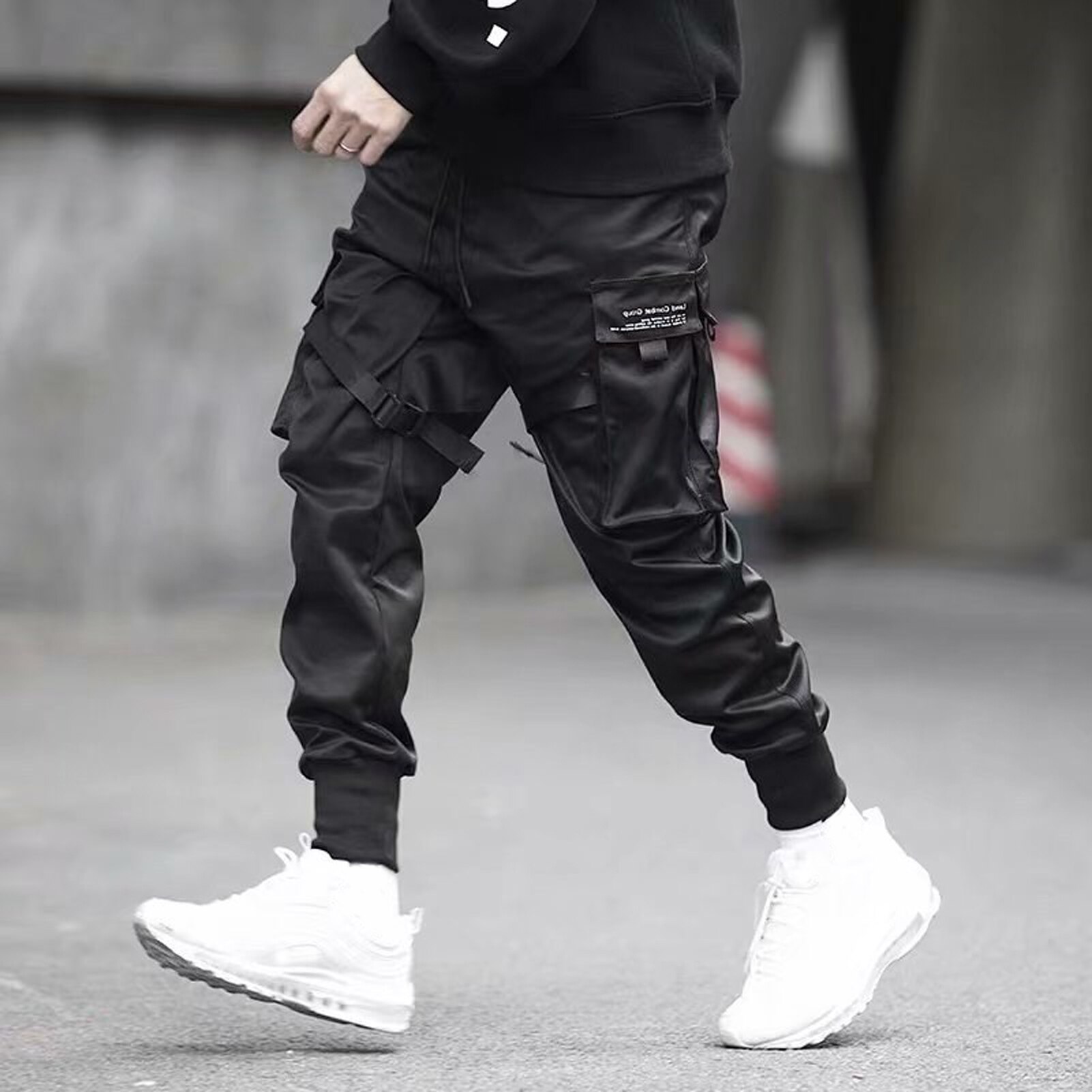 Men Drawstring Multi Pockets Straps Ankle Tied Cargo Pants Long Trousers
