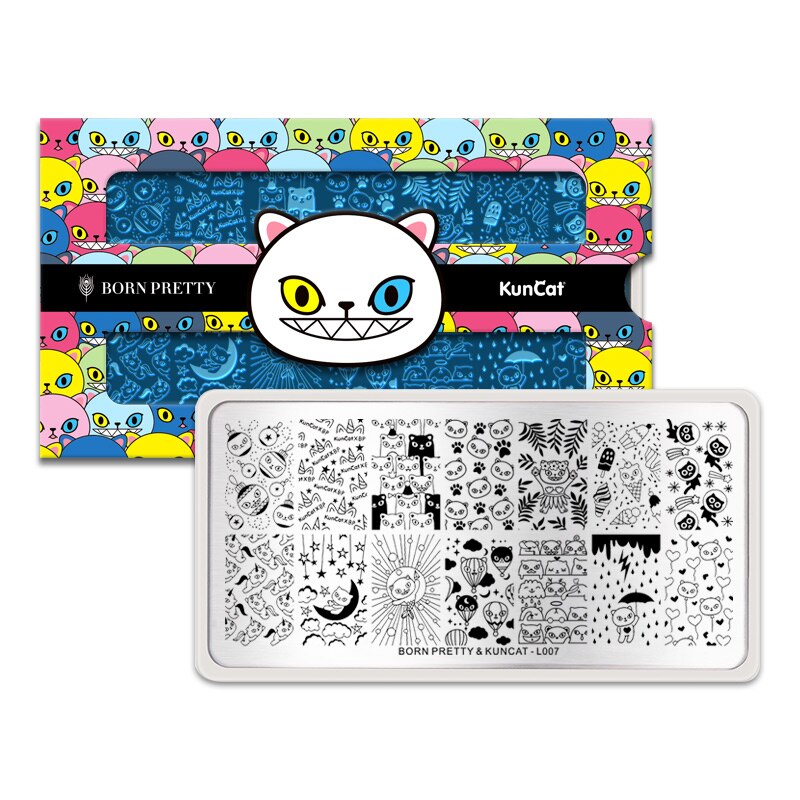 Geboren Pretty & Kuncat Ondertekend Gezamenlijk Nail Stempelen Platen Rechthoek Mooie-Kat Ster Patroon Rvs Hoge stencil: L007